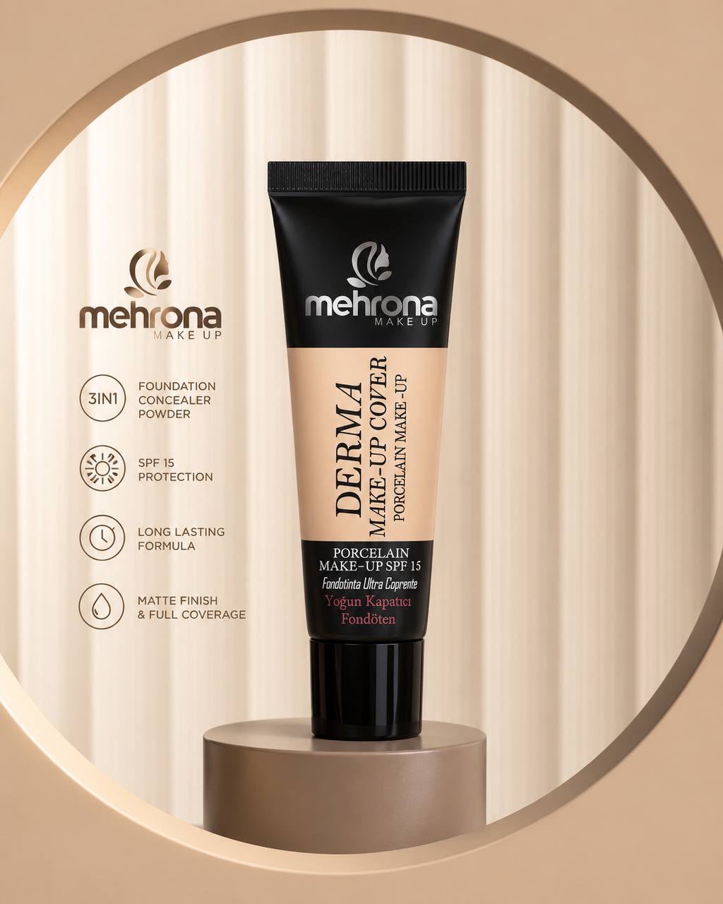 کرم‌پودر مهرونا فول کاور فینیش مات 24 ساعته SPF15